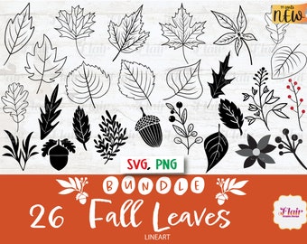 Foglie autunnali lineare SVG, PNG Bundle Clipart digitale, foglie autunnali SVG, bordo, piante, ghirlanda foglie Svg, bordo decorativo, uso commerciale