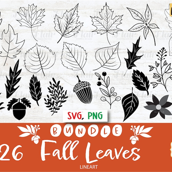 Fall Leaves Linear SVG, PNG Bundle Digital Clipart, Autumn Leaves  SVG, Border, Plants, Wreath Leaves Svg, Decorative Border, Commercial Use