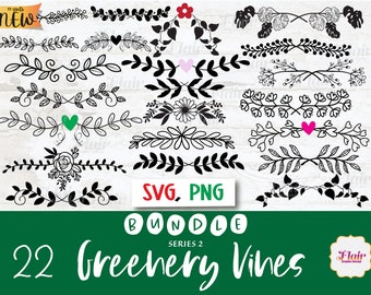 Pacchetto Greenery Vines S2 SVG, PNG, Foglie disegnate a mano Svg, Divisore foglia SVG, Piante, Bordo decorativo, Vines Svg, Line Art, Uso commerciale