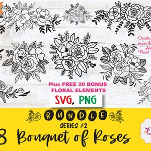 Boeket van rozen bundel serie 2 SVG, PNG digitale clipart, bloemstuk SVG, bloemenrand, groen SVG, bloemen, decoratieve rand