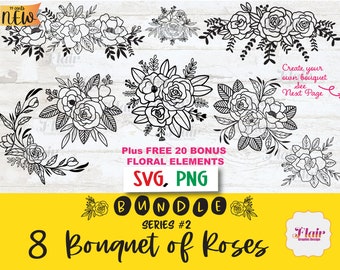 Bouquet di rose bundle serie 2 SVG, clipart digitale PNG, composizione floreale in formato Svg, bordo floreale, verde in formato Svg, fiori, bordo decorativo