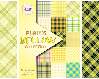 Yellow Plaids Digital Paper, Checkered, Gingham, Scrapbooking, Baby Colors, Baby Girl, Pastel, Tartan, Lattice, School Supplies