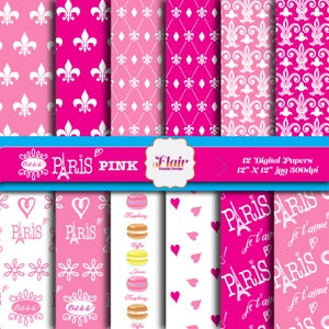 Papel digital Paris PINK, Fleur De Lis, Macarons franceses, Hornear, Scrapbooking, Invitaciones, Material para profesores, Material escolar