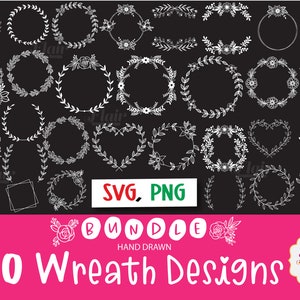 K&ouml;nnte beinhalten: Ein Set mit 30 handgezeichneten Kranzdesigns in Wei&szlig; auf schwarzem Hintergrund. Die Kr&auml;nze haben verschiedene Formen, darunter Kreise, Herzen und Quadrate. Der Text "SVG, PNG BUNDLE" ist in roten und gr&uuml;nen Buchstaben. Der Text "30 Wreath Designs" ist in wei&szlig;en Buchstaben auf rosa Hintergrund.
