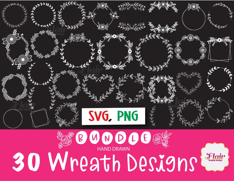 K&ouml;nnte beinhalten: Ein Set mit 30 handgezeichneten Kranzdesigns in Wei&szlig; auf schwarzem Hintergrund. Die Kr&auml;nze haben verschiedene Formen, darunter Kreise, Herzen und Quadrate. Der Text "SVG, PNG BUNDLE" ist in roten und gr&uuml;nen Buchstaben. Der Text "30 Wreath Designs" ist in wei&szlig;en Buchstaben auf rosa Hintergrund.