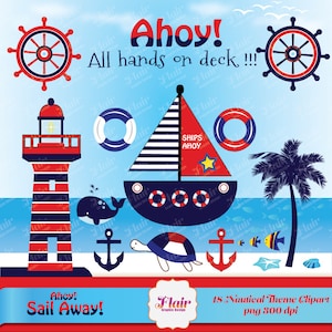 ¡Ahí! SAIL AWAY NAUTICAL Theme Digital Clipart Pack, Conchas, Velero, Ancla, Ballena, Faro, Rueda, Imágenes Prediseñadas de Verano