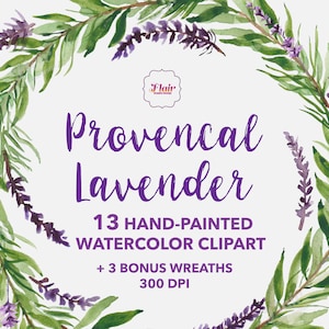 Prowansalska lawenda akwarelowe kwiaty clipart, ręcznie malowany fioletowy kwiat, wieniec, zaproszenie ślubne, zioło clipart, lawenda clipart, DIY