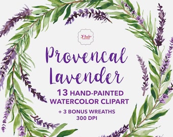 Provencal Lavender Watercolor Flowers Clipart, Hand-painted Purple Flower, Wreath, Wedding Invitation, Herb Clipart, Lavender Clipart, DIY
