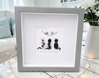 Cats Pebble Art Personalised | Cat Lover Gift | Custom Pets Portrait | Pet Memorial Gift Framed Handmade