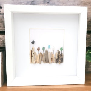Sea Glass Driftwood Art Collage - Beach Coastal Decor - Birds , Bathroom Home Decor Gift Framed