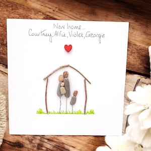 Nouvelle carte de pendaison de crémaillère, emménagement, carte de bonne chance pour, photo d'art de galets animaux de compagnie de famille personnalisée