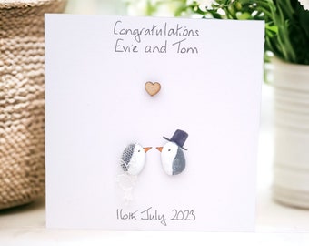 Penguins Wedding Card Personalised - Pebble Art Penguin Bride And Groom