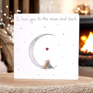 Je t'aime jusqu'à la lune et le dos, lui, sa carte de luxe, 300 g/m², galets personnalisés, famille, mari, femme