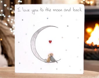I love you to the moon and back card Him Her Luxury 300gsm Card Personalised Pebble Picture Family, Husband Wife