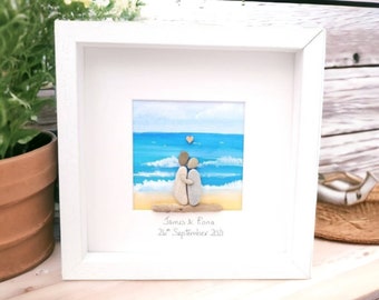 Beach Wedding Gift, Anniversary Pebble Art Picture Couple Engagement, Personalised , Watercolour Collage Picture