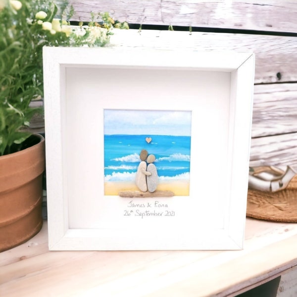 Beach Wedding Gift, Anniversary Pebble Art Picture Couple Engagement, Personalised , Watercolour Collage Picture