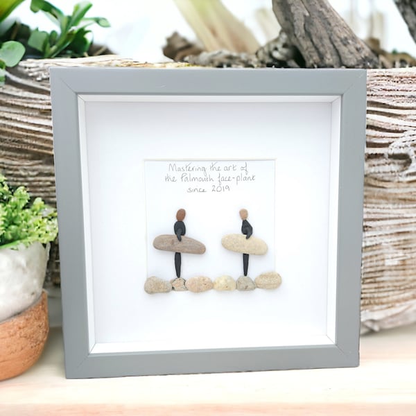 Surfers Gift Beach Lovers Personalised Pebble Art Picture , Surfing, Luxury Beach Decor, Family and Engagement Gift Framed