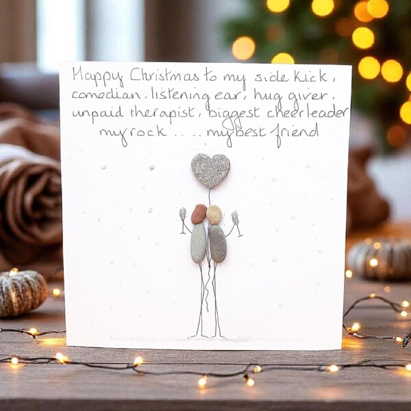 Best Friend Christmas Card Bespoke Personalised Pebble Picture Xmas Besties- Friends - Personalised  Handmade Card