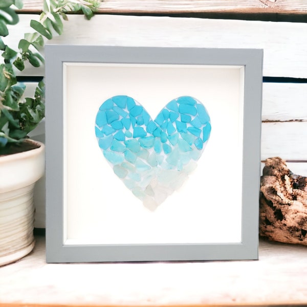 Blue Sea Glass Art Blue Ombre Heart Framed Coastal Beach Bathroom Decor