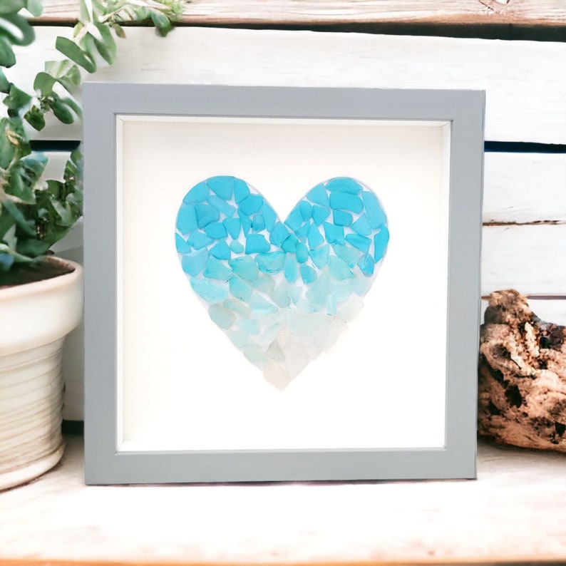 Blue Sea Glass Art Blue Ombre Heart Framed Coastal Beach Bathroom Decor image 1
