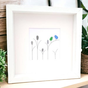 Sea Glass Art Framed Gift Pebble Picture, Birds - Bathroom Decor