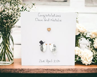 Penguins Wedding Card Personalised - Pebble Art Penguin Bride And Groom