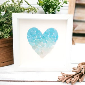 Blue Sea Glass Art Blue Ombre Heart Framed Coastal Beach Bathroom Decor image 3