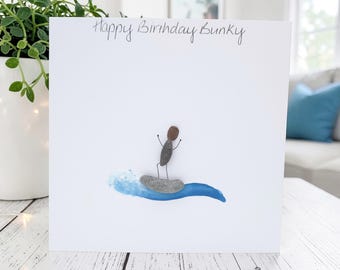 Surfers Card Family Friends Birthday, Art Surfing Beach Lovers Personalised Art Pebble Picture Surfer