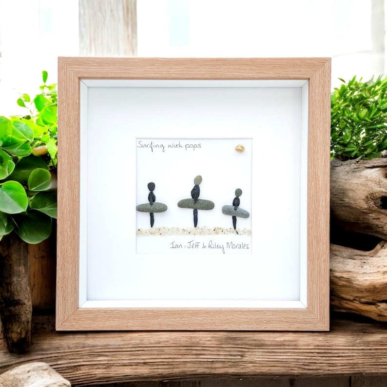 Surfers Gift Beach Lovers Personalised Pebble Picture , Surfing, Luxury Beach Decor, Family and Engagement Gift Framed Art bild 3