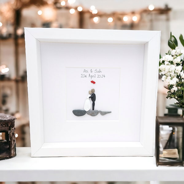 Wedding Gift Luxury Personalised Pebble Art, Wedding Couple ,Husband Wife, Bride And Groom Framed Framed Picture