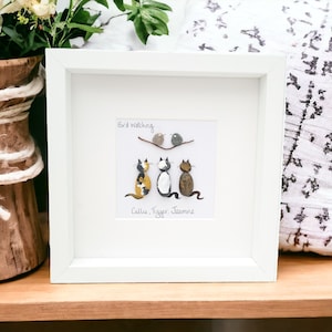 Cat Lover Gift Personalised Pebble Picture Cats Art Family Picture Framed Bespoke Gift For Cat Lovers