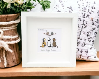 Cat Lover Gift Personalised Pebble Art, Cats Family Picture Framed Gift For Cat Lovers