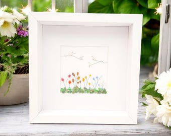 Sea Glass Art Meadow Flowers And Birds Framed One Off Bespoke Design Home Decor