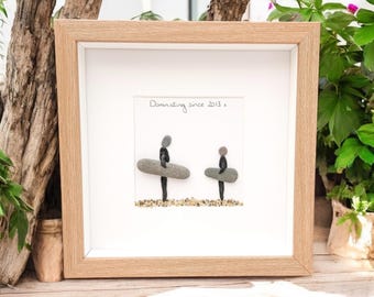 Surfers Gift Beach Lovers Personalised Pebble Picture , Surfing, Luxury Beach Decor, Family and Engagement Gift Framed Art