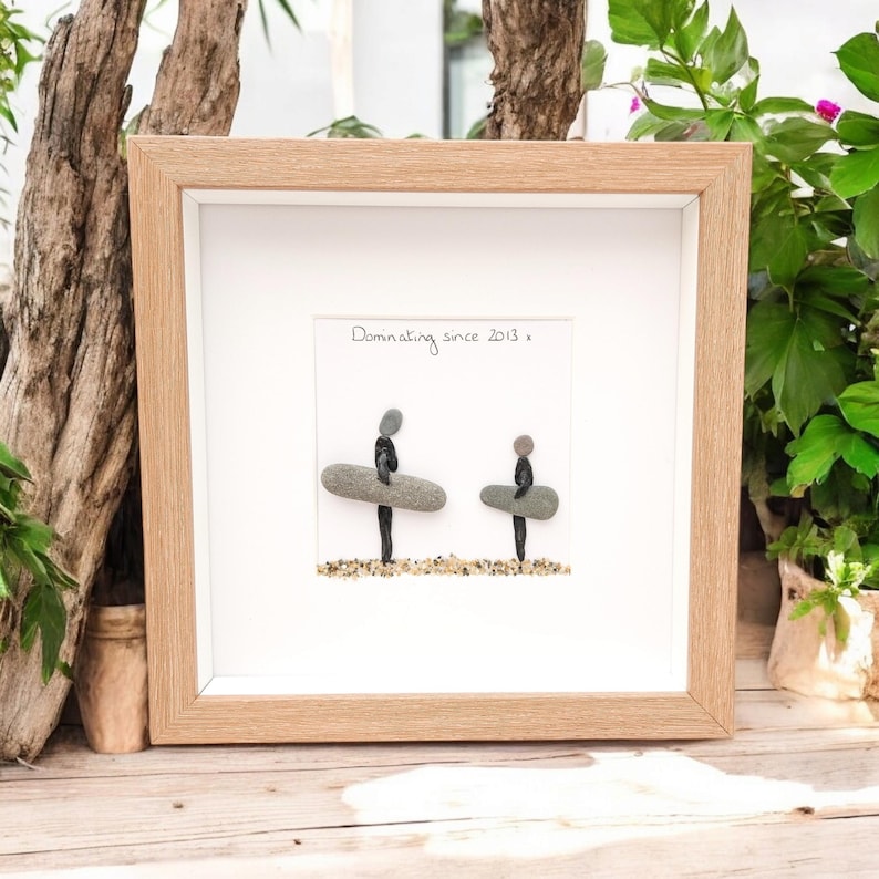 Surfers Gift Beach Lovers Personalised Pebble Picture , Surfing, Luxury Beach Decor, Family and Engagement Gift Framed Art bild 1