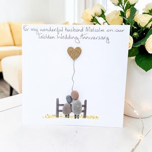 Wedding Anniversary Handmade Card Art Golden, Silver, Ruby, Tin, Diamond Personalised Pebble Picture Couple Husband Wife - 300gsm
