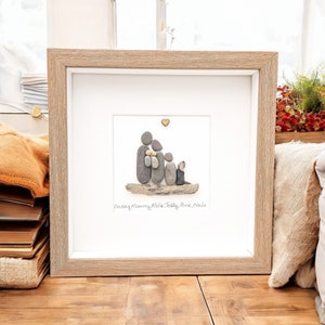 Family Pebble Picture,Pebble Framed Portrait Art Gift, Stone Family, Driftwood, Dog, Cat , New Home, Friends Home Decor
