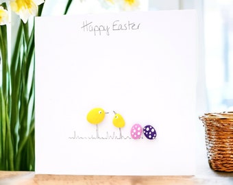 Happy Easter Personalised Card, Pebble Art, Pebble Picture ,Easter Chick Easter Eggs Card - Personalised