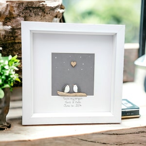 Wedding Anniversary Gift Husband, Wife, Penguins Pebble Picture Girlfriend Boyfriend Engagement Framed Penguins, Personalised Your Words