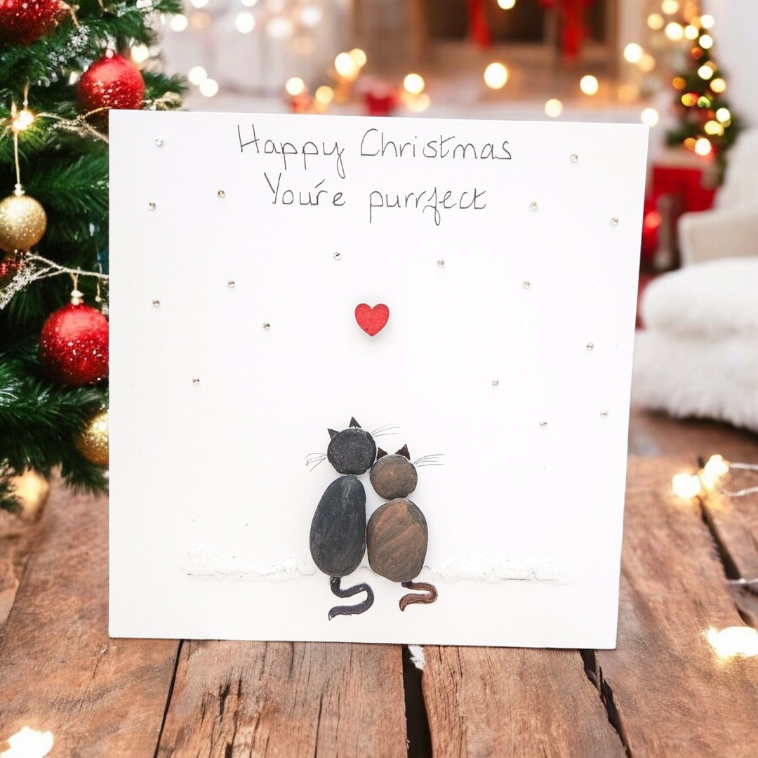 Christmas Card Cats, Cat Art Picture, Sparkly Pebble Personalised Xmas