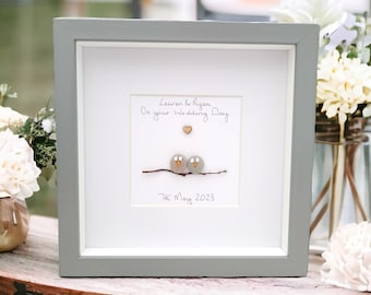 Wedding Gift Framed Personalised Owls Pebble Art, Owl Couple Picture I'll Always Love You