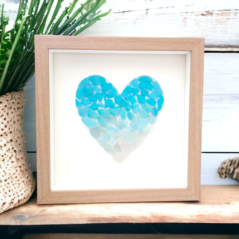 Blue Sea Glass Art Blue Ombre Heart Framed Coastal Beach Bathroom Decor image 4