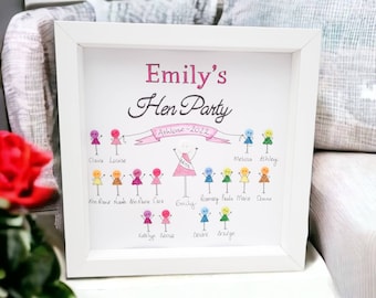 May include: A framed print for a hen party, featuring the text "Emily's Hen Party" in pink and black script. The artwork includes stick figures in various colors, with the bride in a pink dress. The location and year, Athlone-2022, are also displayed.
