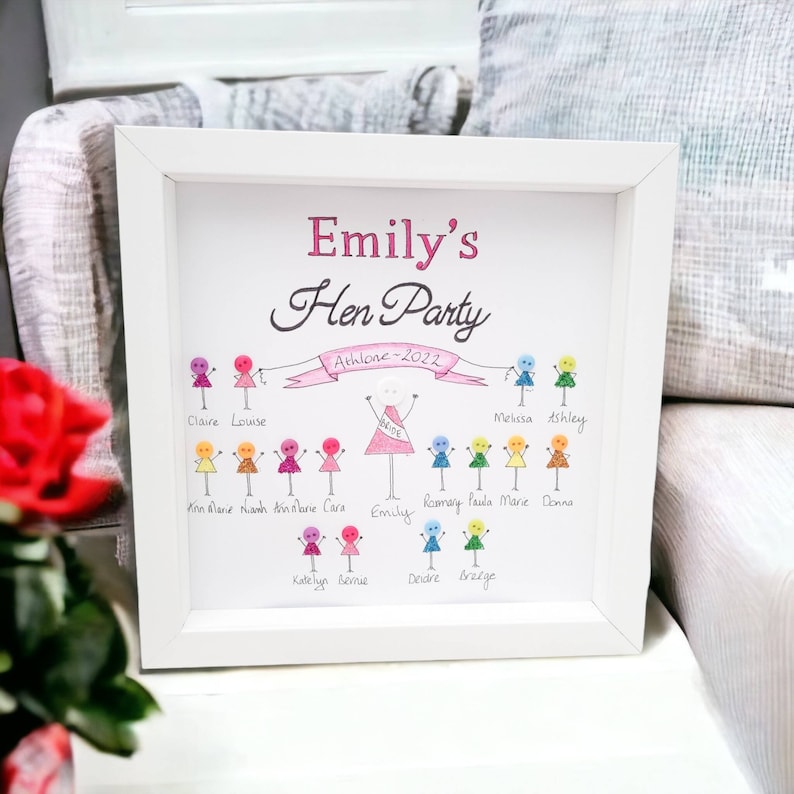 Hen Party, Gifts for Bride on Hen Do, Wedding Framed Button Picture Personalised Keepsake image 1