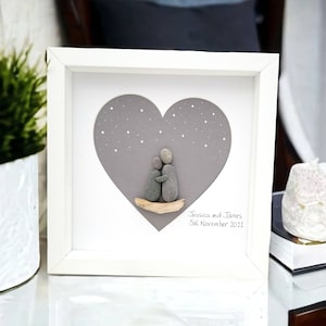 Wedding Gift Framed  Wife Husband Her Him Personalised Pebble Picture, Couple Heart Frame Picture