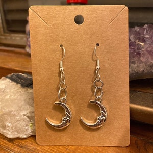 Silver crescent moon earrings dangle handmade
