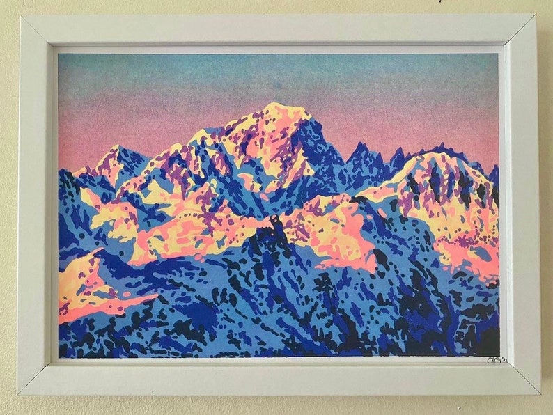 Sunset on Mont Blanc A4 riso print image 1