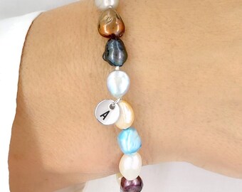 Personalised Genuine Pearl Bracelet Handmade Gift, Initial Charm Engraved Silver Bracelet, Wedding Bridal Jewellery Gift, Bridal Shower Gift