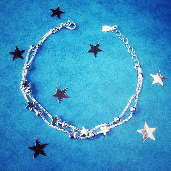 Personalised Sterling Silver Tiny Twinkle Stars Charm Beaded Star Bracelet Link Bracelet Adjustable Length, Gift For Her, Handmade Gift UK