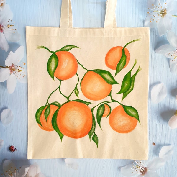 Oranges Vine Hand Painted Bag - Cute Canvas Tote Bag - Eco Friendly Tote Reusable Bag - Art Canvas Tote Shoulderbag